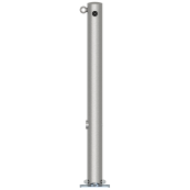 Stainless steel post |  76 mm | without decorative ring | foldable, self-engaging lockto be fixed by plugs, with base plate 100 x 150 mmhot-dip galvanized | with triangular locking mechanism acc. with DIN 3223 | with 1 eyelet